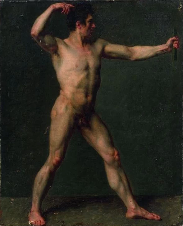 Studio accafemico di un uomo in piedi, nella posizione di un arciere